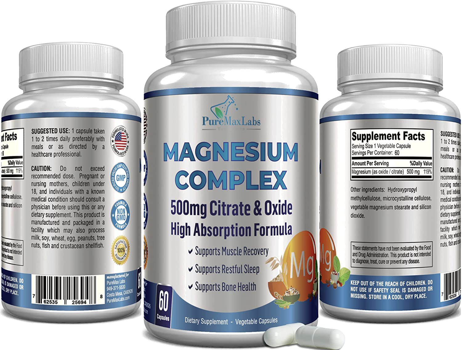 Magnesium Citrate Complex 500mg, High Absorption - 60 Capsules