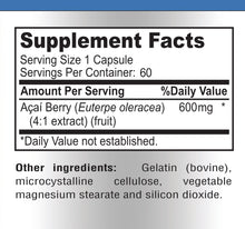 Load image into Gallery viewer, Acai Berry Superfruit - Concentrated 4:1 Extract - Equivalent to 2400mg per Capsule - 60 Capsules