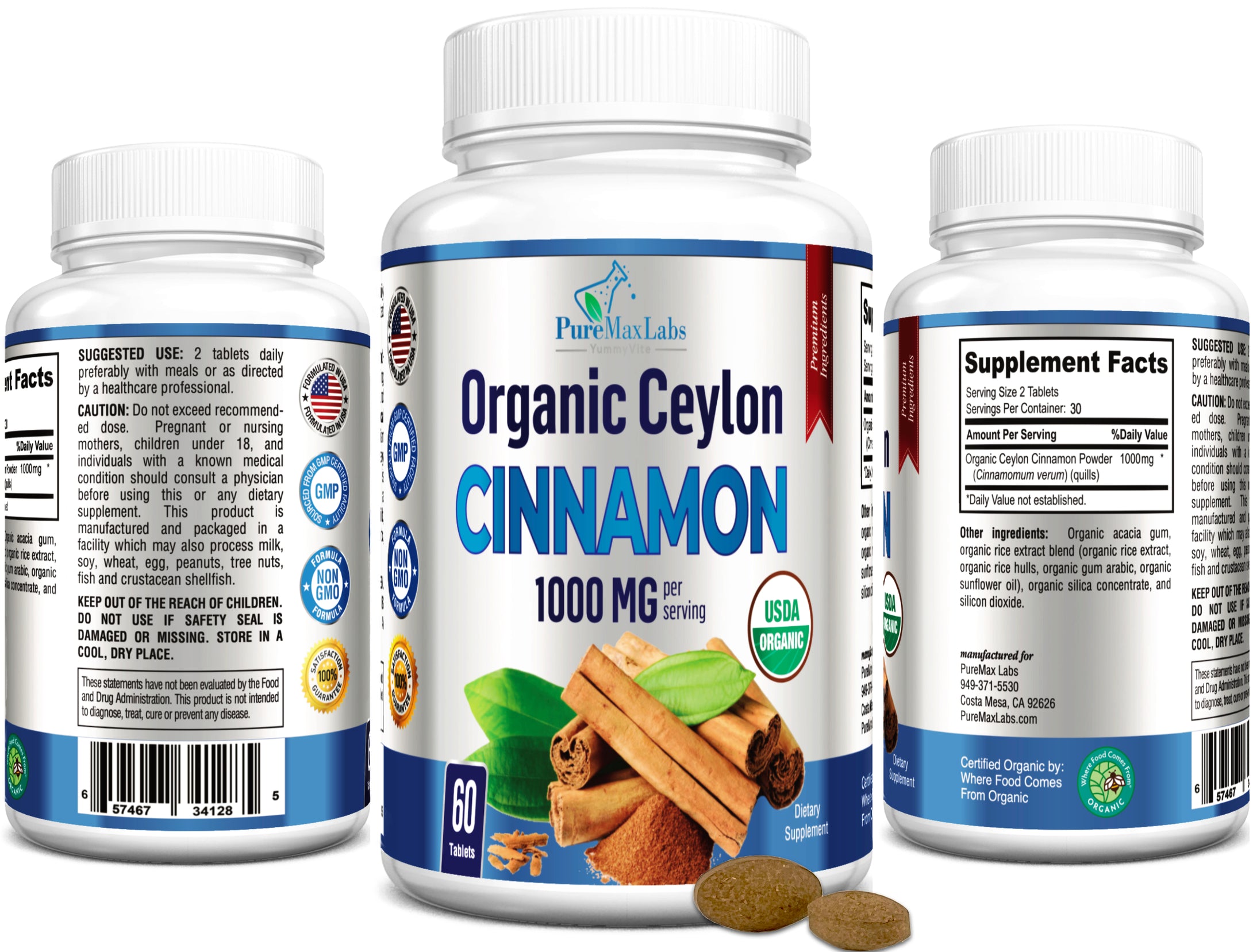 Organic Ceylon Cinnamon - 1000mg, Anti-inflammatory, Antioxidant - 60 Tablets