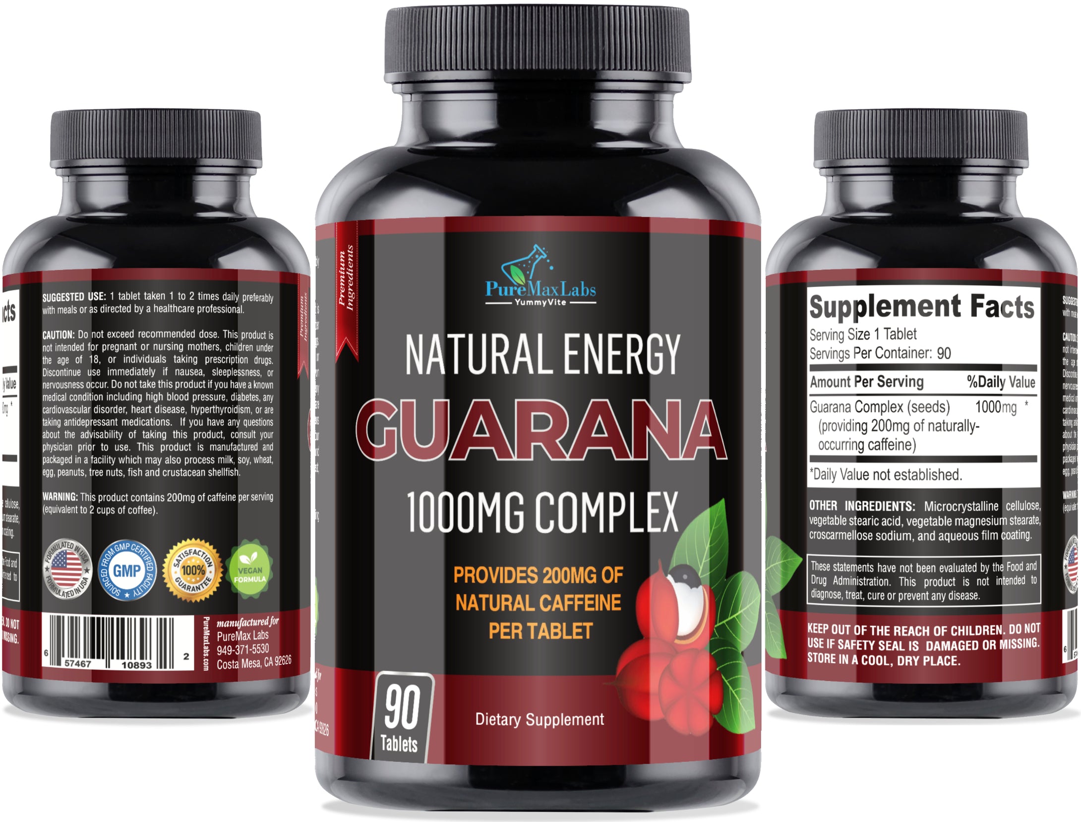 Natural Energy Guarana 1000MG - Provides 200MG of Herbal Caffeine - 90 Tablets