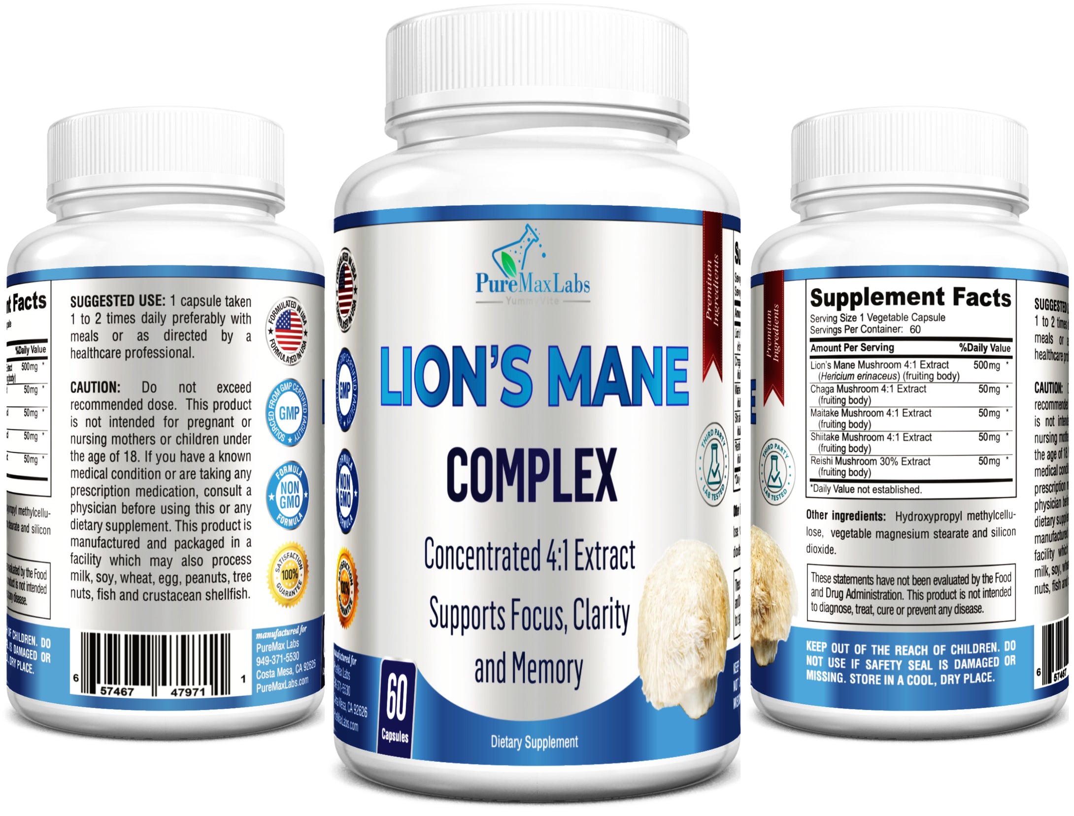 Lions Mane Mushroom Complex - Concentrated 4:1 Extract for Brain Health - 60 Capsules