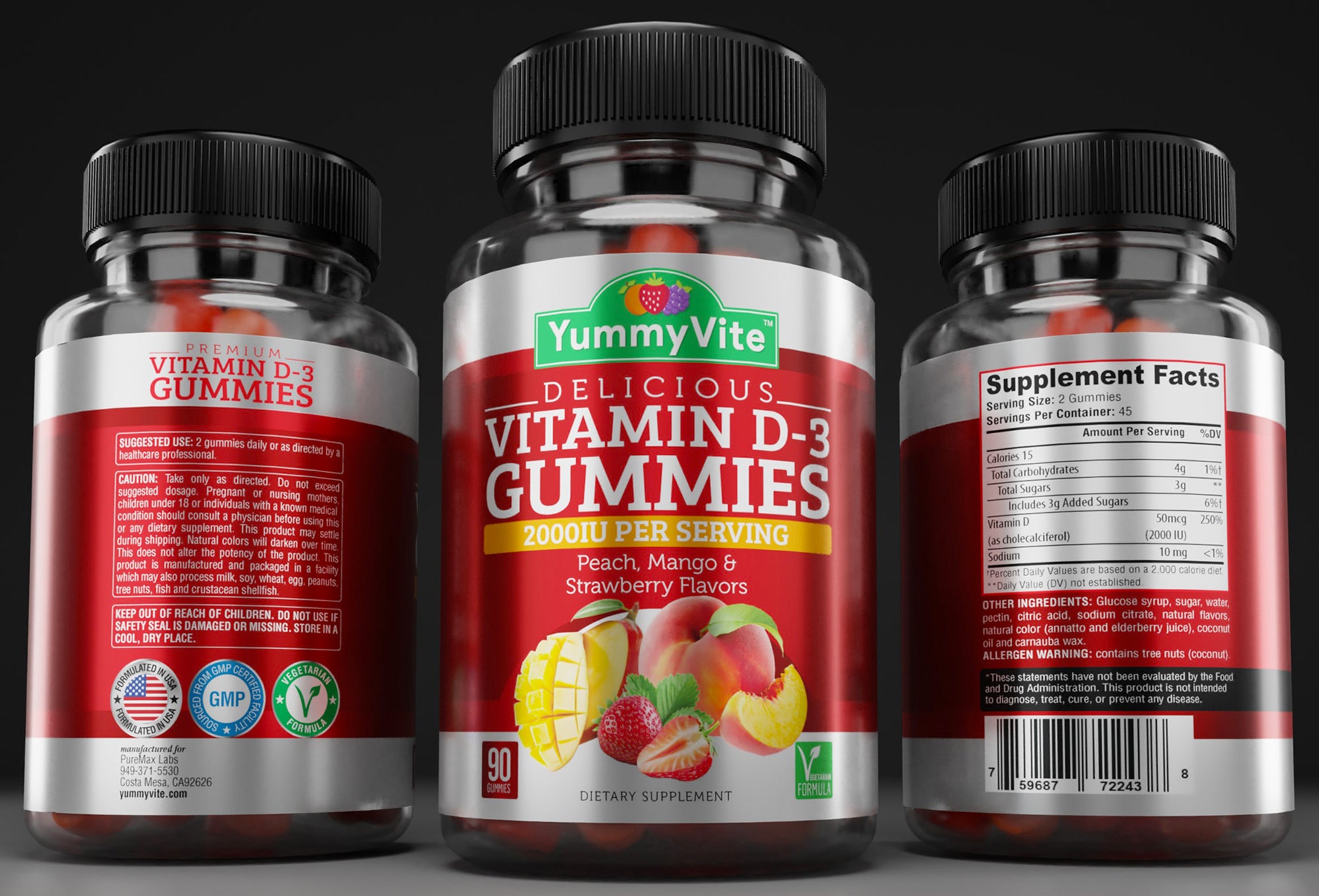 YummyVite Vitamin D3 Gummies, Immune Support, Delicious Peach, Mango, Strawberry Flavor, 90 Gummies
