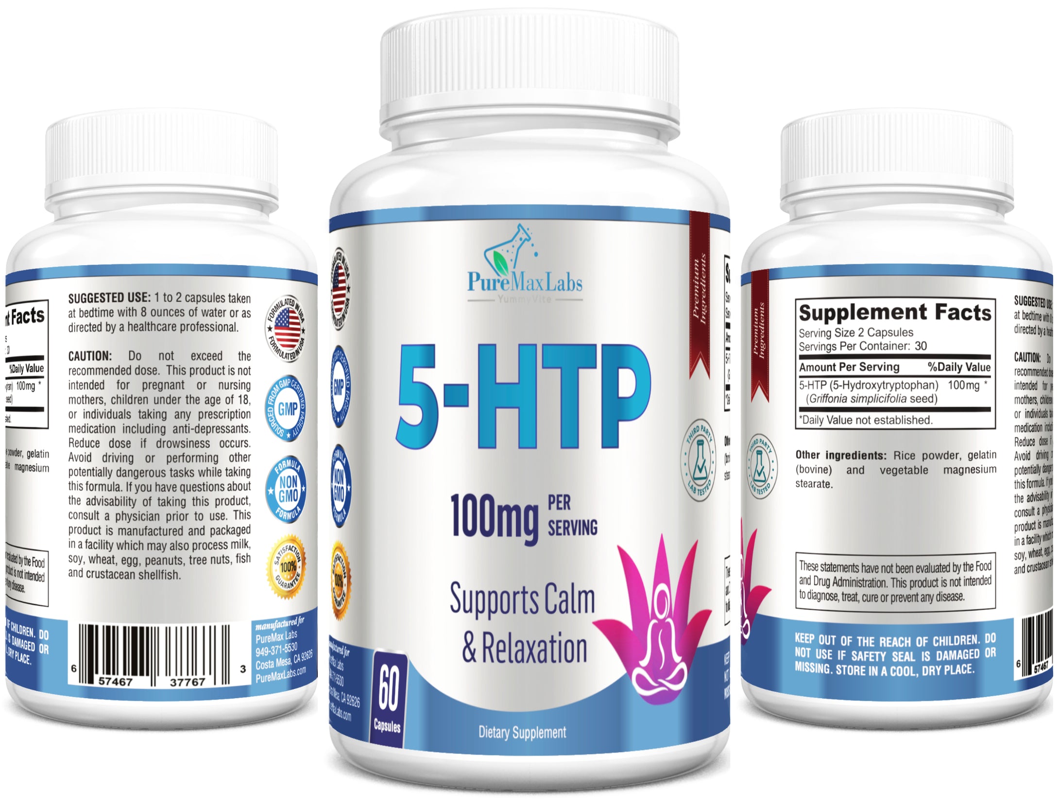 5-HTP Capsules - (5-Hydroxytryptophan) Supports Calm, Relaxation, Sleep, Positive Mood, 60 Capsules