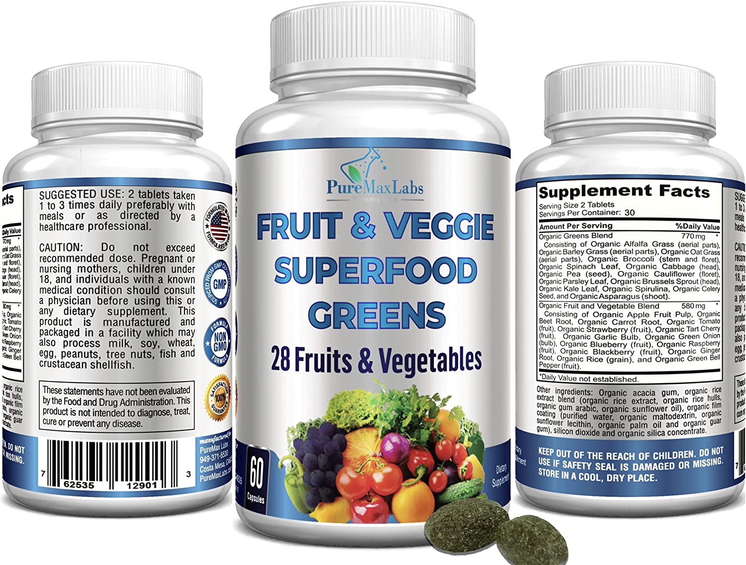 Fruit and Veggie Superfood Greens, 28 Fruits and Vegetables - 60 & 120 Tablets