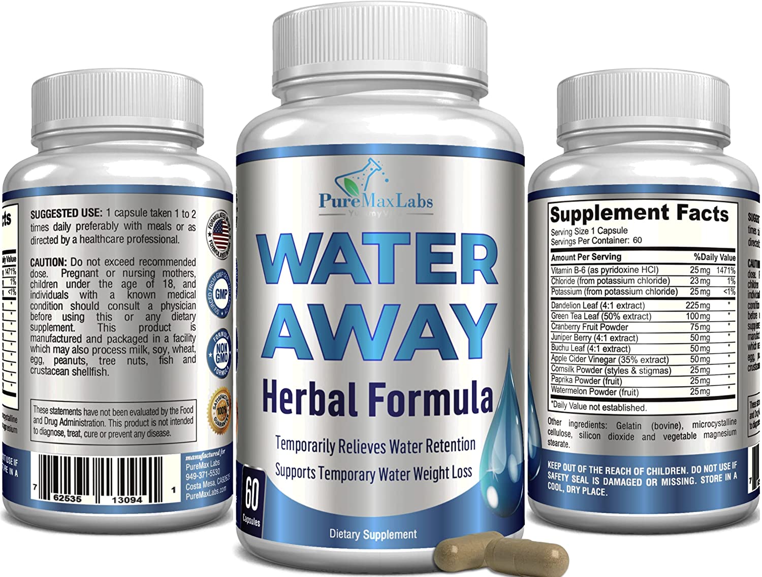 Water Away Gentle Herbal Formula, Herbal Diuretic - 60 Capsules