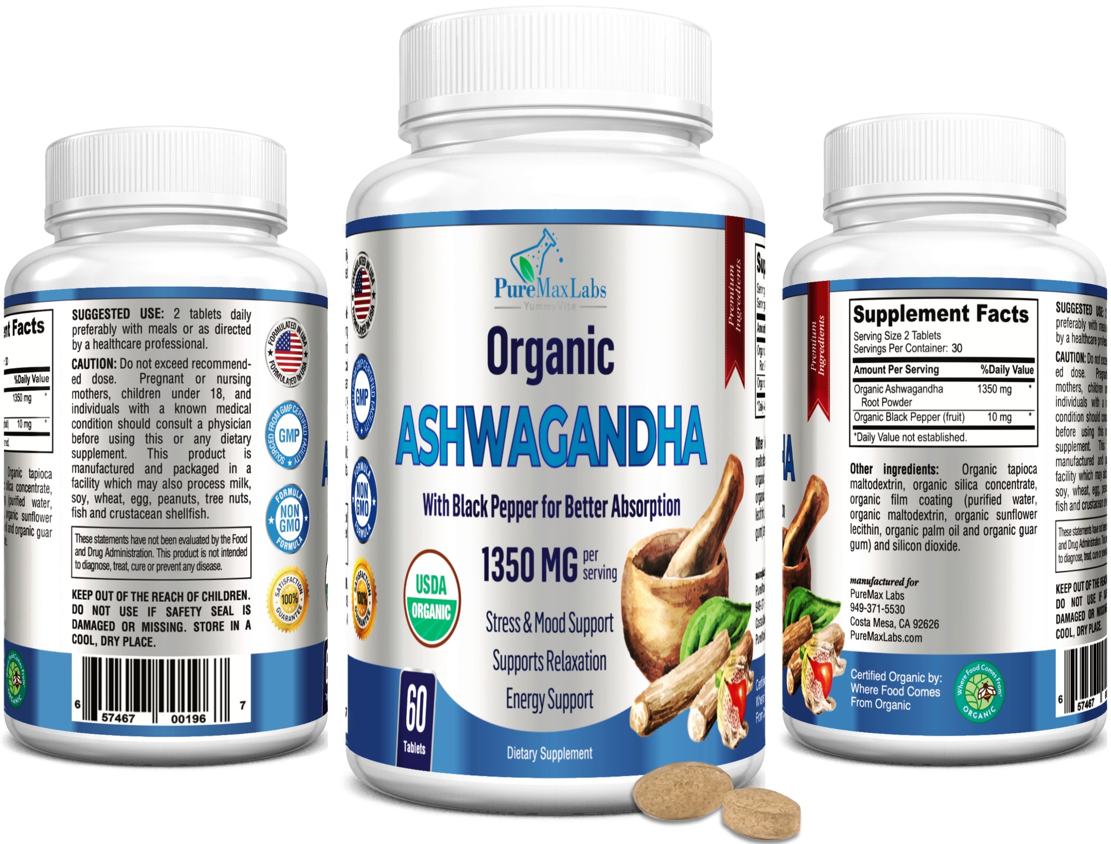 Organic Ashwagandha - 1350mg with Black Pepper for Better Absorption - 60 Tablets