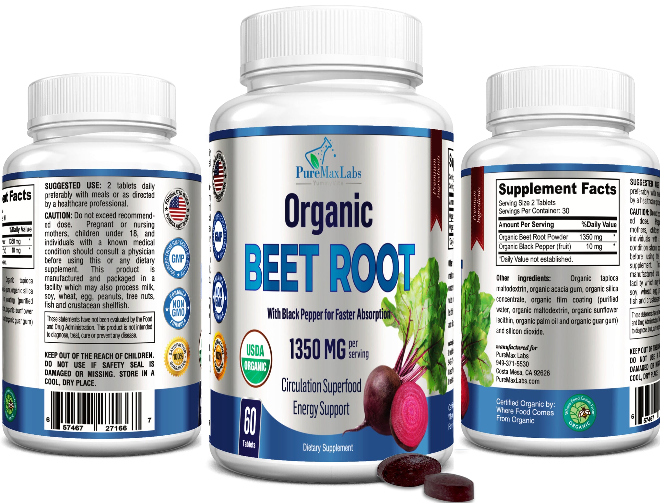 Organic Beet Root Tablets 1350mg with Black Pepper for Faster Absorption - 60 Tablets