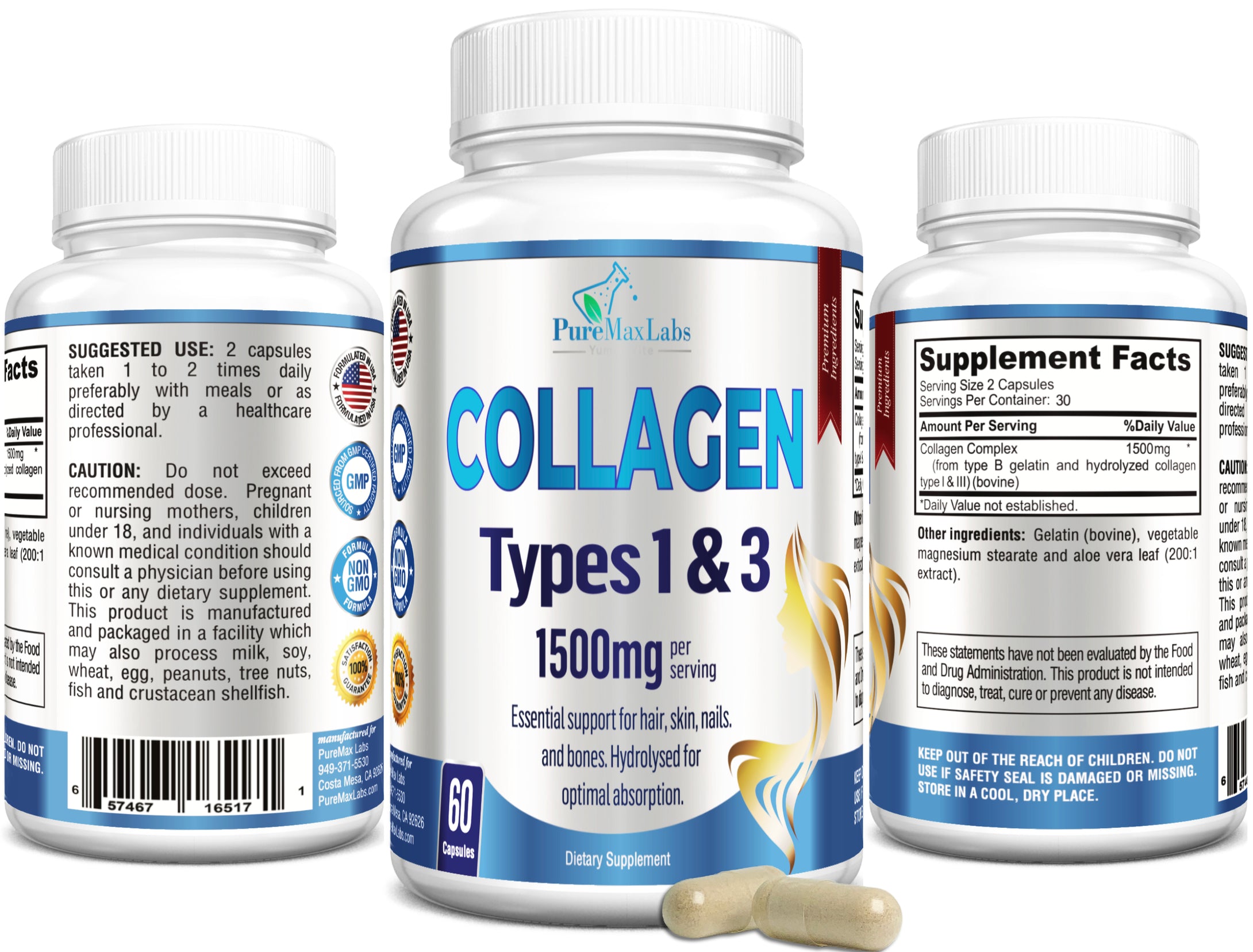 Collagen Types 1 & 3 1500mg - Hydrolyzed Collagen Supplement - 60 Capsules