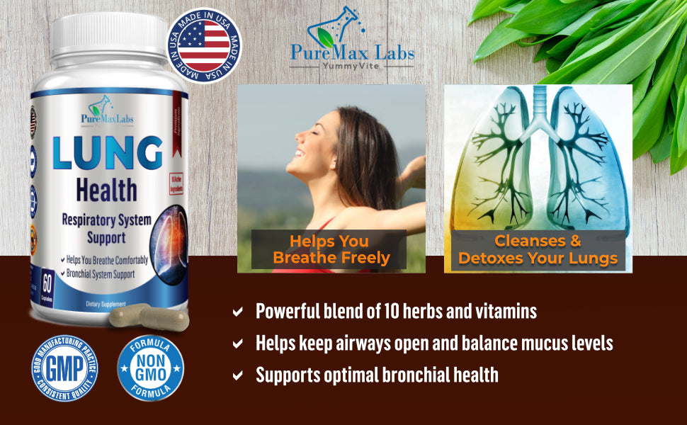 Lung Support Supplement - Natural Capsules for Lung Cleanse and Detox -  Made in USA - Respiratory System; Mucus Clear - Vegan Supplement for Lung