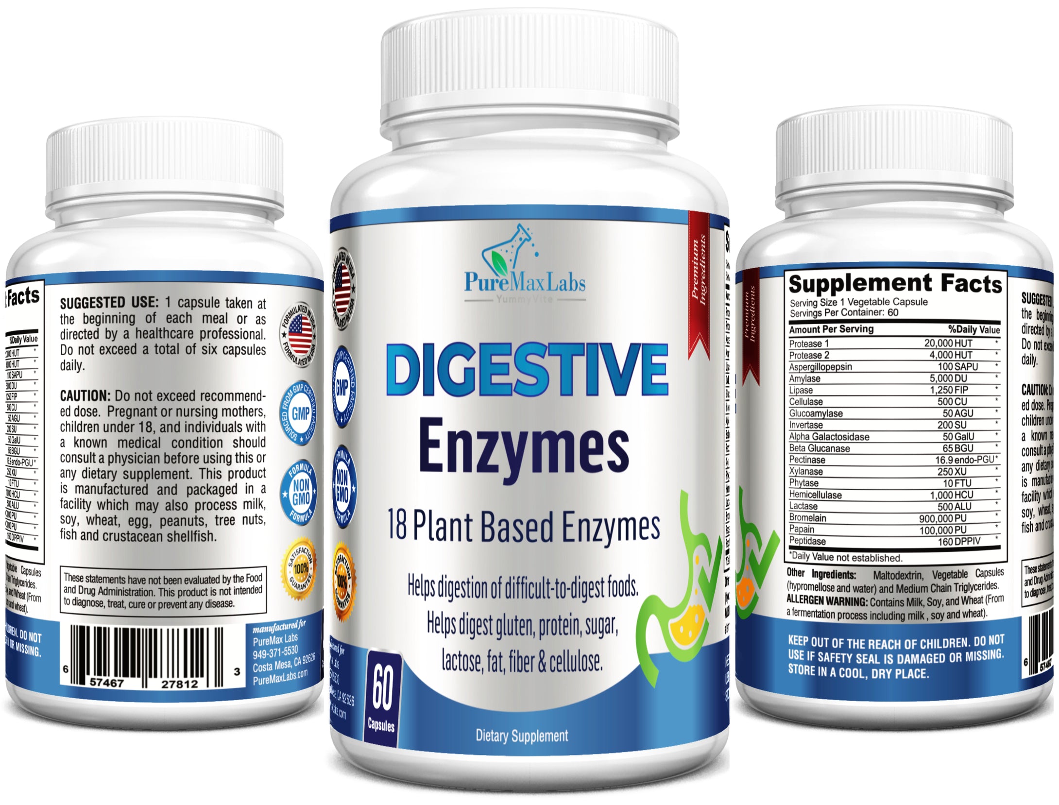 Digestive Enzymes - 18 Plant-Based Enzymes - Helps Digestion of Difficult-to-Digest Foods - 60 Capsules