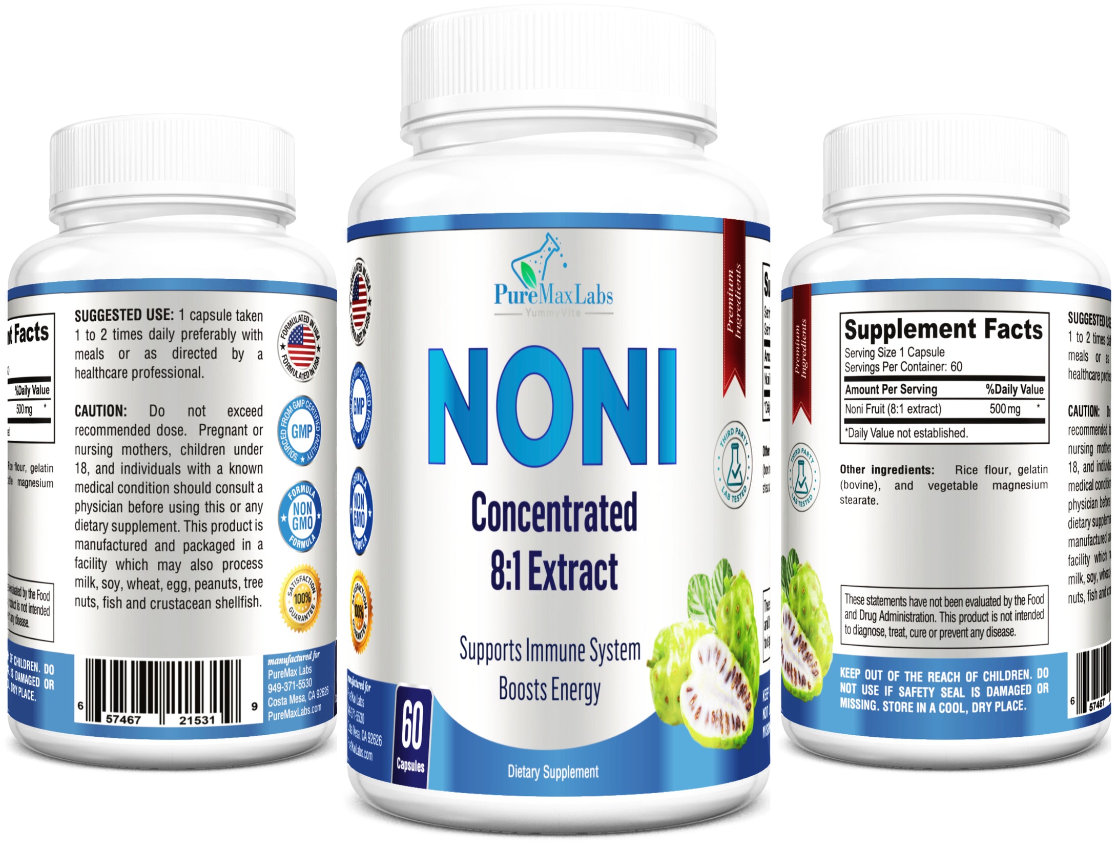 Noni Capsules - Concentrated 8:1 Noni Fruit Extract (Morinda Citrifolia) Equivalent to 4000mg Noni Fruit - 60 Capsules