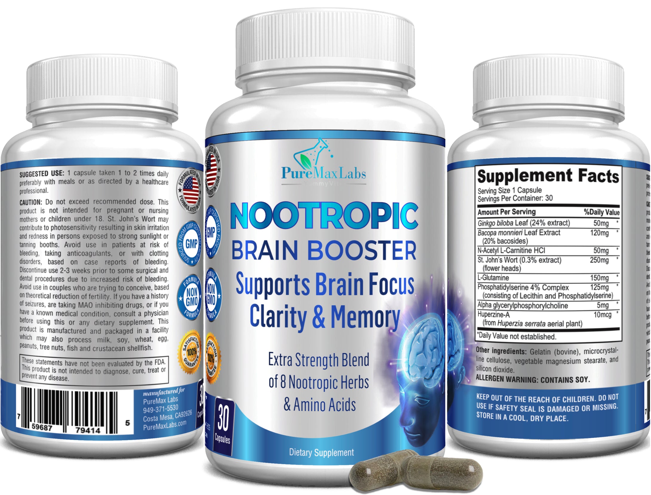 Nootropic Brain Booster, Supports Brain Focus, Clarity & Memory - 30 Capsules,