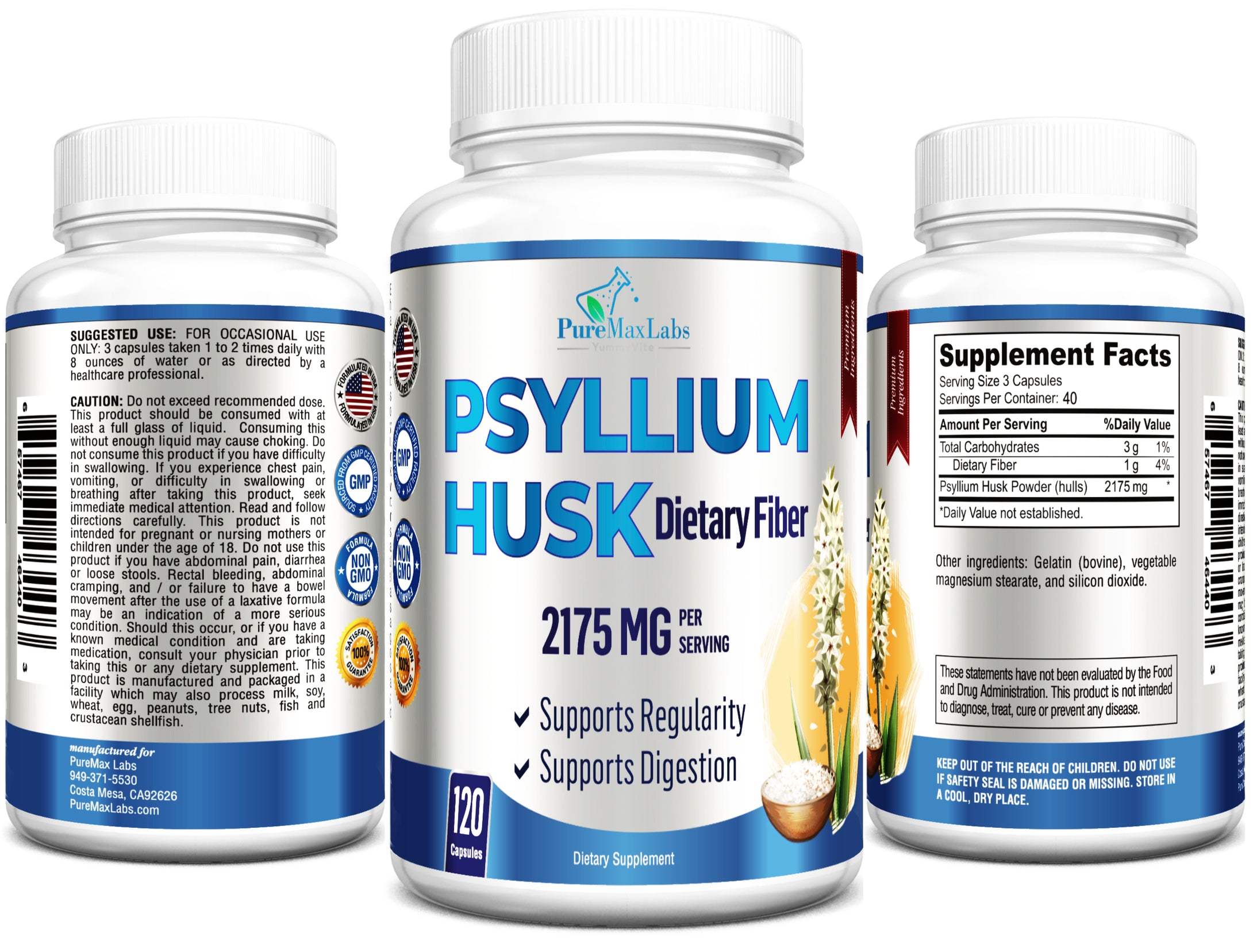 Psyllium Husk Dietary Fiber Supplement - 120 Capsules
