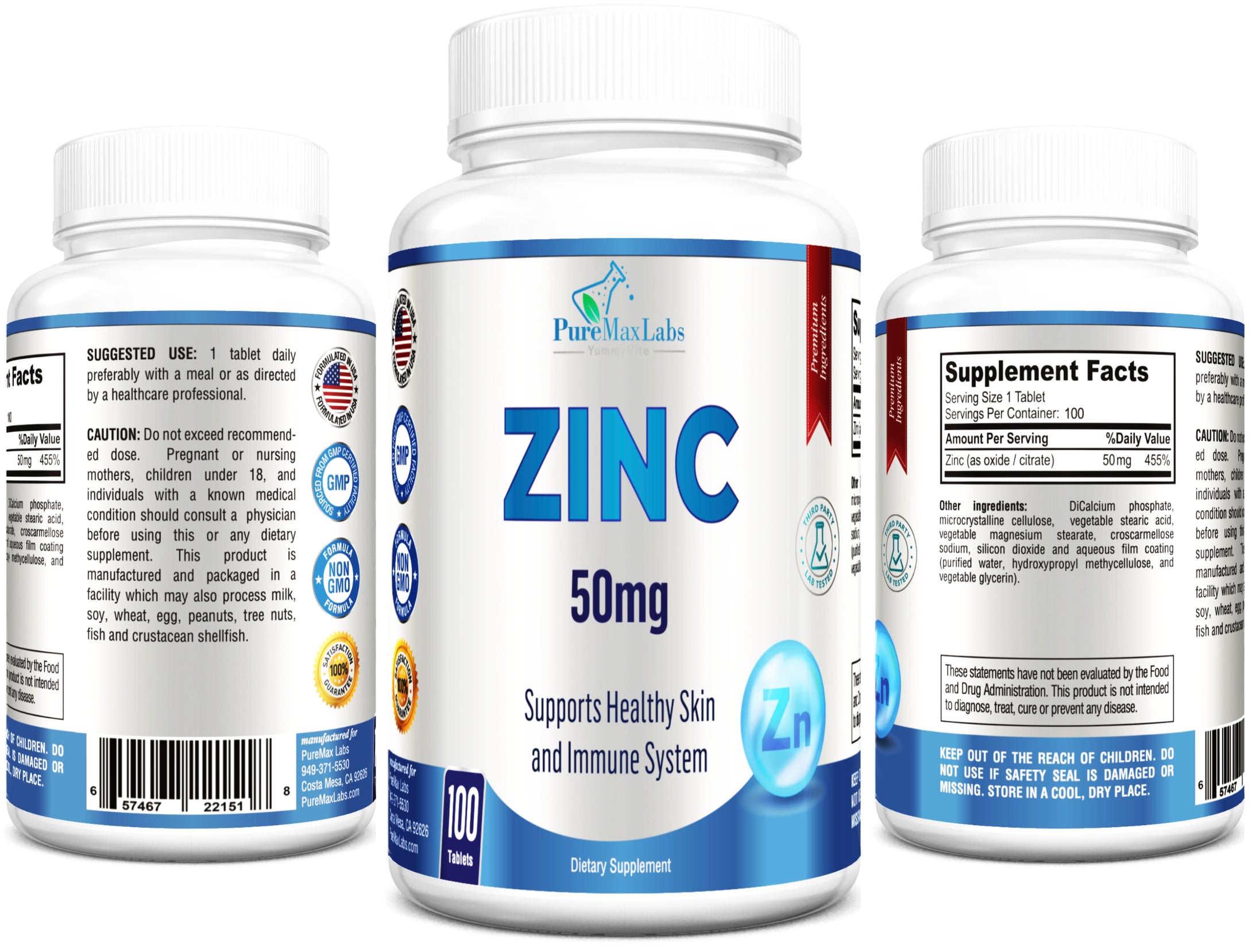 Zinc Citrate/Oxide 50mg - Immune Support Supplement - 100 Tablets